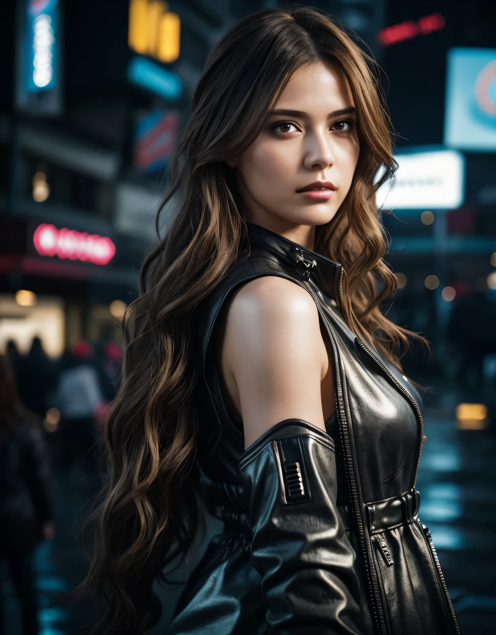 Angela is a beautiful 25 year old woman, wavy hair, detailed eyes, detailed face, high detail skin, strong compact body, wearing sexy cyberpunk street clothing, futuristic cyberpunk city background, misty, wet, raining, best quality masterpiece, realistic photo, intricately detailed, 8k, HDR, shallow depth of field, wide light, high contrast, backlight, light flares, chromatic aberration, sharp focus, RAW color photo, looking at the camera, various poses