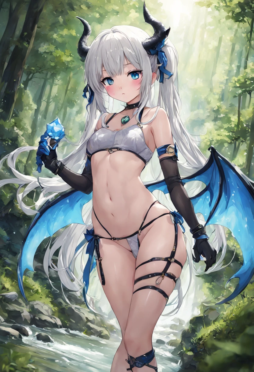 (masterpiece),(highest quality),highres,(an extremely delicate and beautiful),(extremely detailed),
river, forest, grass, stone, building, dynamic angle, 1 dragon girl, solo, long hair, blue eyes, dragon wings, dragon tail, dragon horns, underboob, navel, gloves, looking at viewer, thigh strap, see-through, thigh gap, bare shoulders, wings, silver hair, white hair, bangs, thighs, blush, cameltoe, o-ring, ribbon, wet, groin, very long hair, low twintails, stomach, feet out of frame, fingerless gloves, blue gloves, ass visible through thighs, wet clothes, skindentation, hair ribbon, off shoulder, black gloves, hair ornament, bow, standing, single glove, partially fingerless gloves, elbow gloves, bracelet,
depth of field, blurry foreground, blurry background,