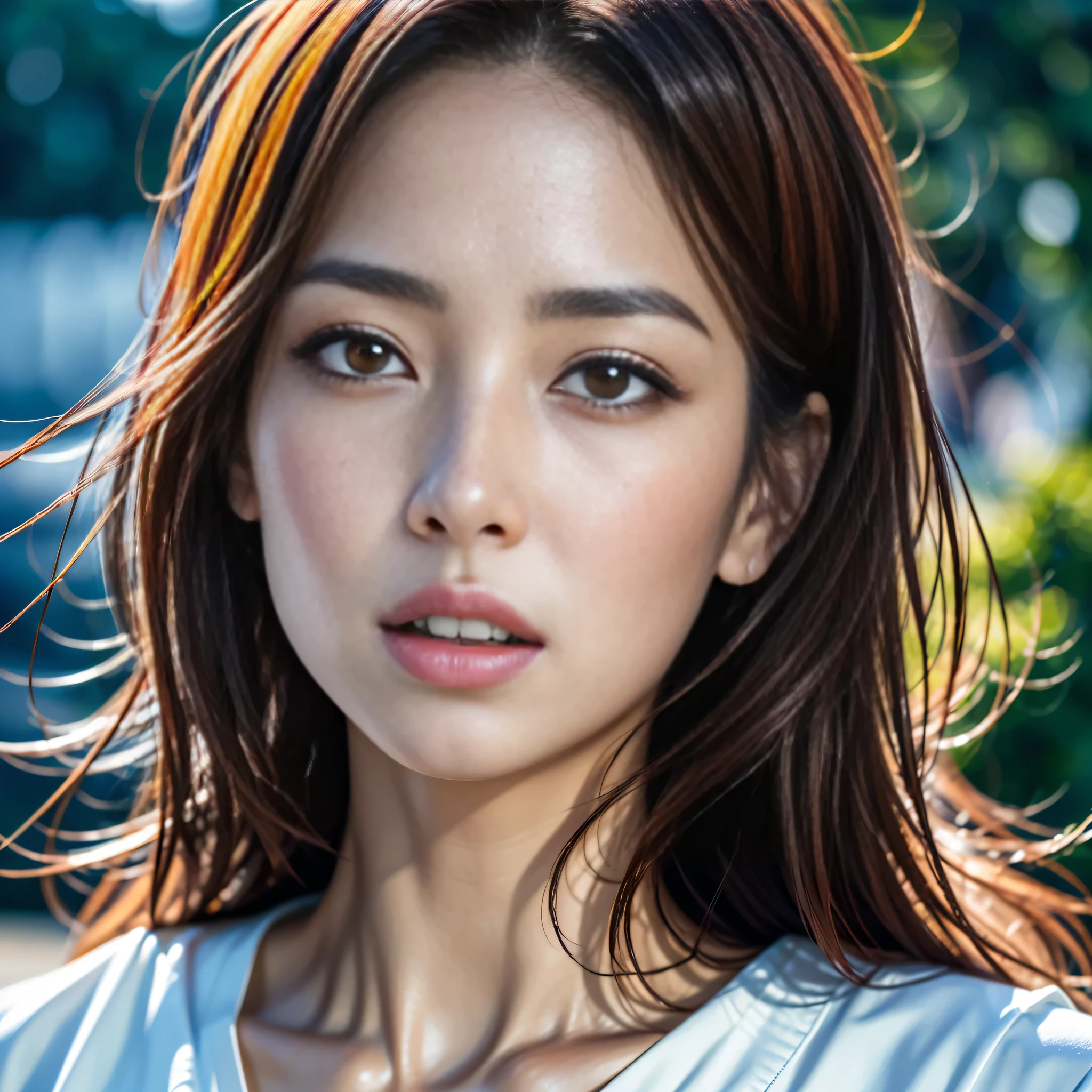 (RAW photo, highest quality), (reality, Photo reality: 1.3), highest quality, very detailed, pieces fly, Super detailed,  1 woman, upper_body, dynamic angle, very詳細なCG統一8k壁紙,  wonderful, upper_body, dynamic angle, highest quality, very, movie lighting,  detailed face, Beautiful depiction of the Tang Dynasty, (intentional expression: 1. 5), (look up at the stars: 1.2), scarf roating ,  normal hand, Vividness and color, full face shot, nice studio lighting,  beautiful and well-shaped face、mole under left eye