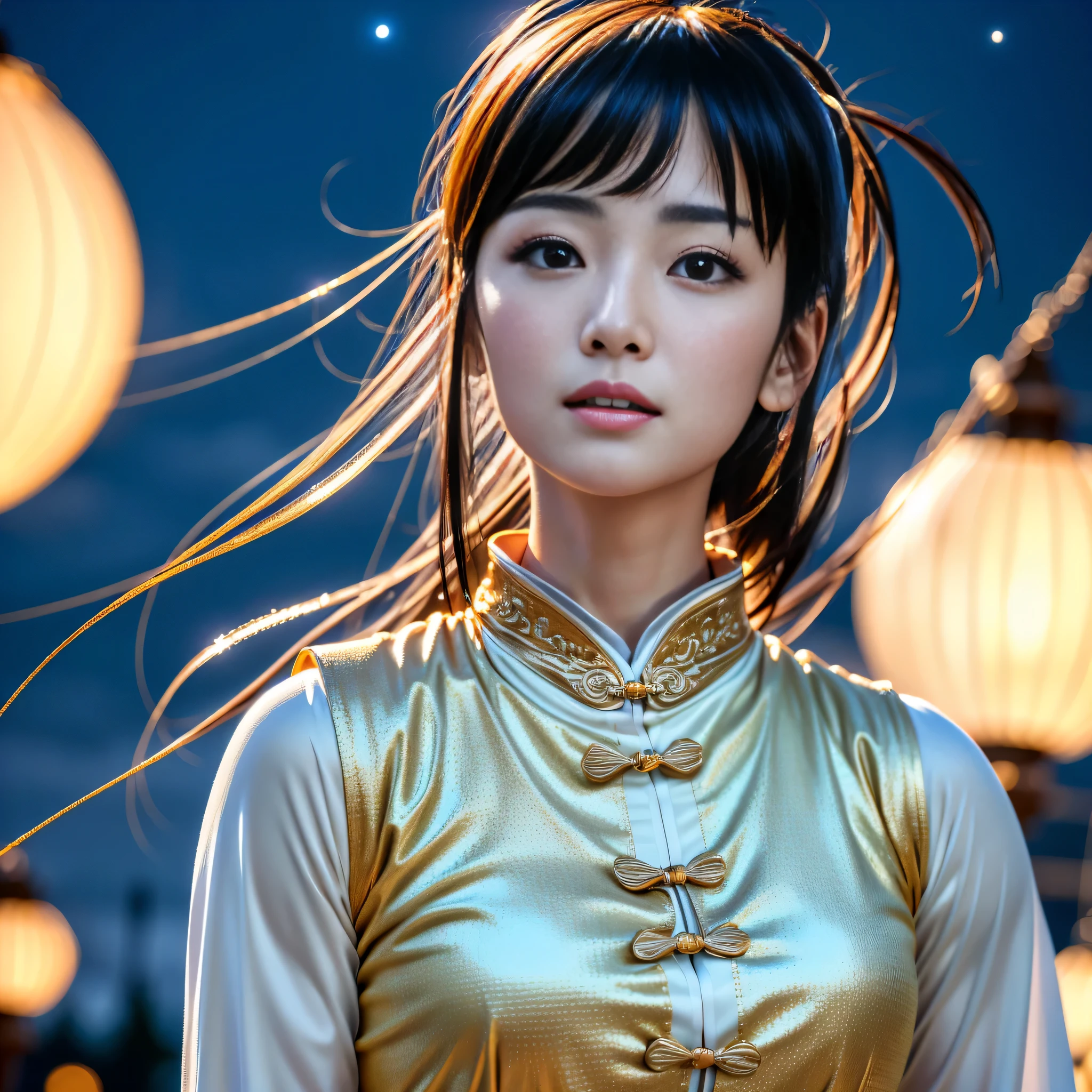 (RAW photo, highest quality), (reality, Photo reality: 1.3), highest quality, very detailed, pieces fly, Super detailed,  1 woman, upper_body, dynamic angle, very詳細なCG統一8k壁紙,  wonderful, upper_body, dynamic angle, highest quality, very, movie lighting,  detailed face, Beautiful depiction of the Tang Dynasty, (intentional expression: 1. 5), (look up at the stars: 1.2), scarf roating ,  normal hand, Vividness and color, full face shot, nice studio lighting,  beautiful and well-shaped face、mole under left eye