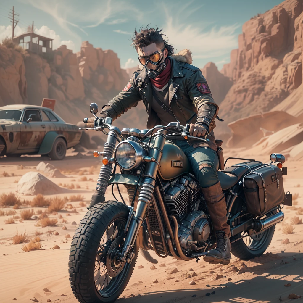 Mad Max rides a wasteland punk style motorcycle in the desert canyon，(best quality,4k,8K,high resolution,masterpiece:1.2),Super detailed, (actual,lifelike,photorealistic:1.37),(((post apocalyptic scene, desolate atmosphere, dystopian landscape)))，