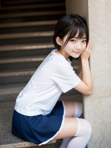 muste piece, Top quality, 8K, , japanese girl, slender, Raw photo, absurd, award-winning portraits, (detailed face, shy smile), solo, Transparent white T-shirt made of very thin material、 sailor uniform, short sleeve, idol face, super mini skirt, knee high socks, slim legs, shoes, whole body shot from the bottom of the stairs, whole body shot from a Low - Angle, detailed face), refreshing shy smile, slender girl, Golden short-cut hair, dark eyes, whole body, digital single lens reflex, look at the viewer, Frank, sophisticated, like々New, perfect whole body balance, (Low - Angle), professional lighting, (Eye and face details: 1.0), (It's blurry: 1.1)