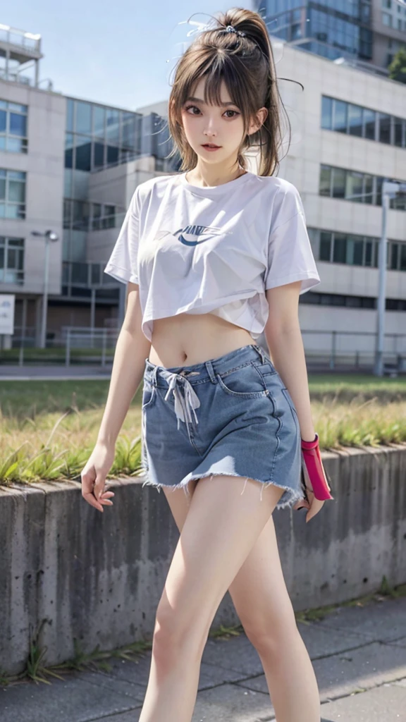 Young woman, beautiful, My hair is very long., Huge breasts, Huge chest, small waist, สะโพกbeautiful, flat stomach, Long, slender legs, small thighs, stand, Field in front of building, The background is blurred., Staring at the viewer, tight short jeans skirt, loose t-shirt, Nike sneakers