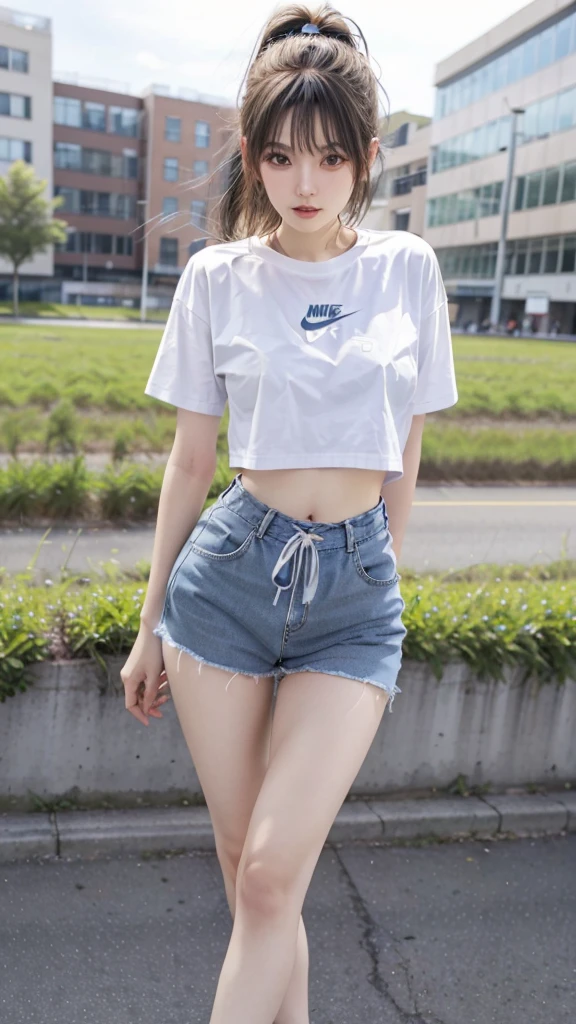 Young woman, beautiful, My hair is very long., ????????????, ??????????, small waist, สะโพกbeautiful, flat stomach, Long, slender legs, small thighs, stand, Field in front of building, The background is blurred., Staring at the viewer, tight short jeans skirt, loose t-shirt, Nike sneakers