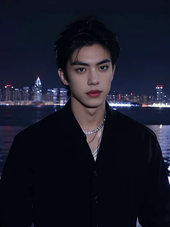 Best quality, masterpiece, ultra high res, (photorealistic:1.4), raw photo, young handsome male, black hair, (night city background:1.2)