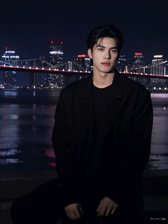 Best quality, masterpiece, ultra high res, (photorealistic:1.4), raw photo, young handsome male, black hair, (night city background:1.2)