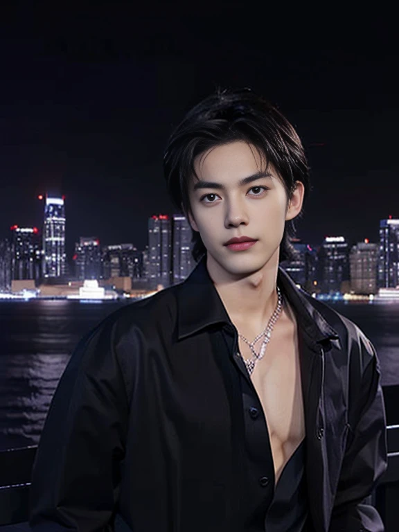 Best quality, masterpiece, ultra high res, (photorealistic:1.4), raw photo, young handsome male, black hair, (night city background:1.2)