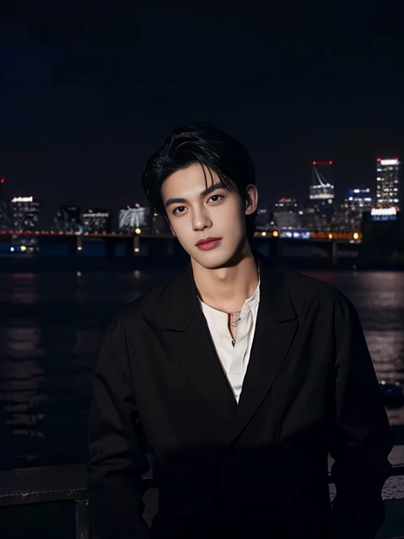 Best quality, masterpiece, ultra high res, (photorealistic:1.4), raw photo, young handsome male, black hair, (night city background:1.2)