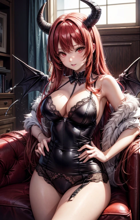 (masterpiece), (highest quality:1.2), 1 female, (masterpiece:1.3), exquisite details, highest qualityの8K解像度, Super detailed, reality, Bright colors, soft tones, With warm and gentle lighting, (Has demon wings, horns, and a tail), Permed red hair, Wearing black underwear, fascinating look, (red eyes:1.3), (big breasts, tight waist, Tense buttocks)