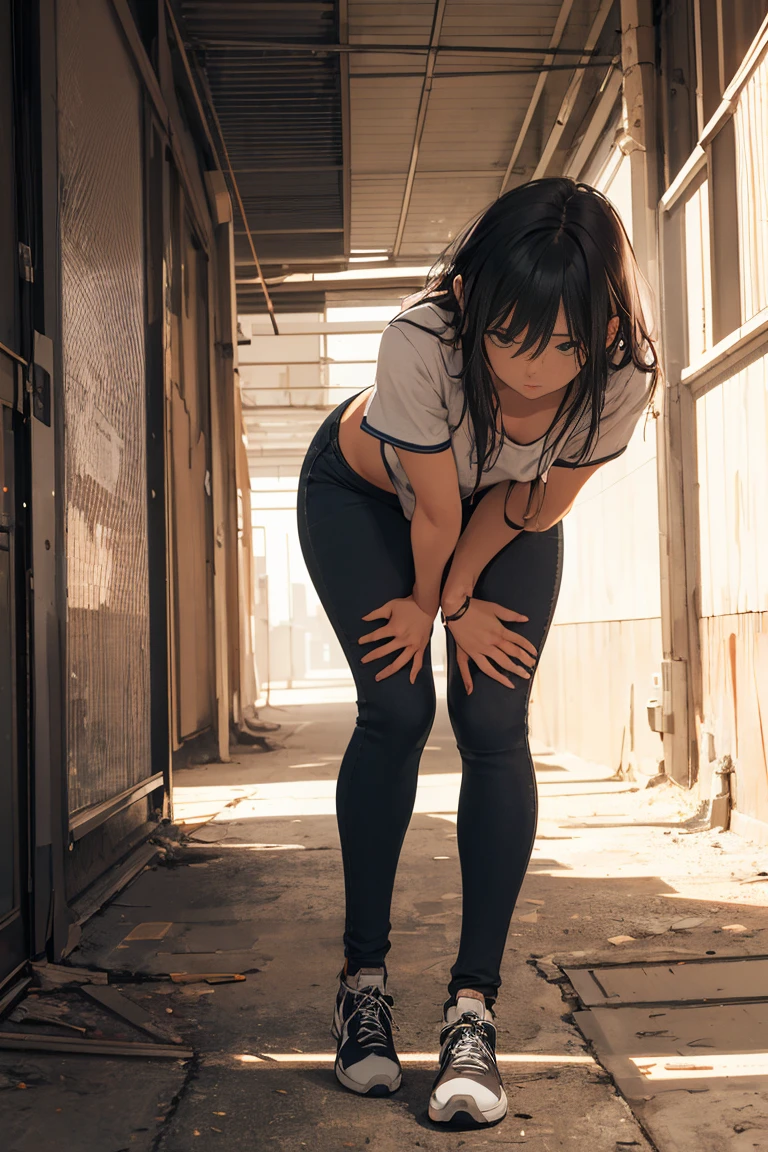 Girl captured by tentacles in abandoned factory　Tentacles in a skirt　Pants fabric texture　