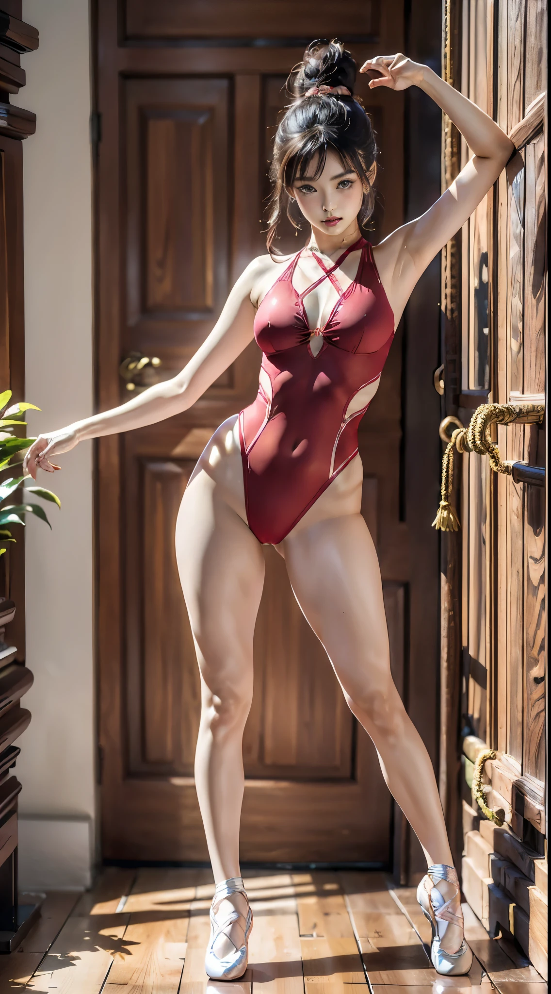 (Raw photo, highest quality), (reality, Photo reality: 1.3), highest quality, genuine、8K、(((one woman、Wearing a red leotard,delicate face、Green Eyeshadow、pink lipstick、Dark spot under left eye、 young graceful, Stand and pose elegantly, attractive pose, model standing pose, elegant standing pose, full body photo, 24-years-old、female model, ballet style pose