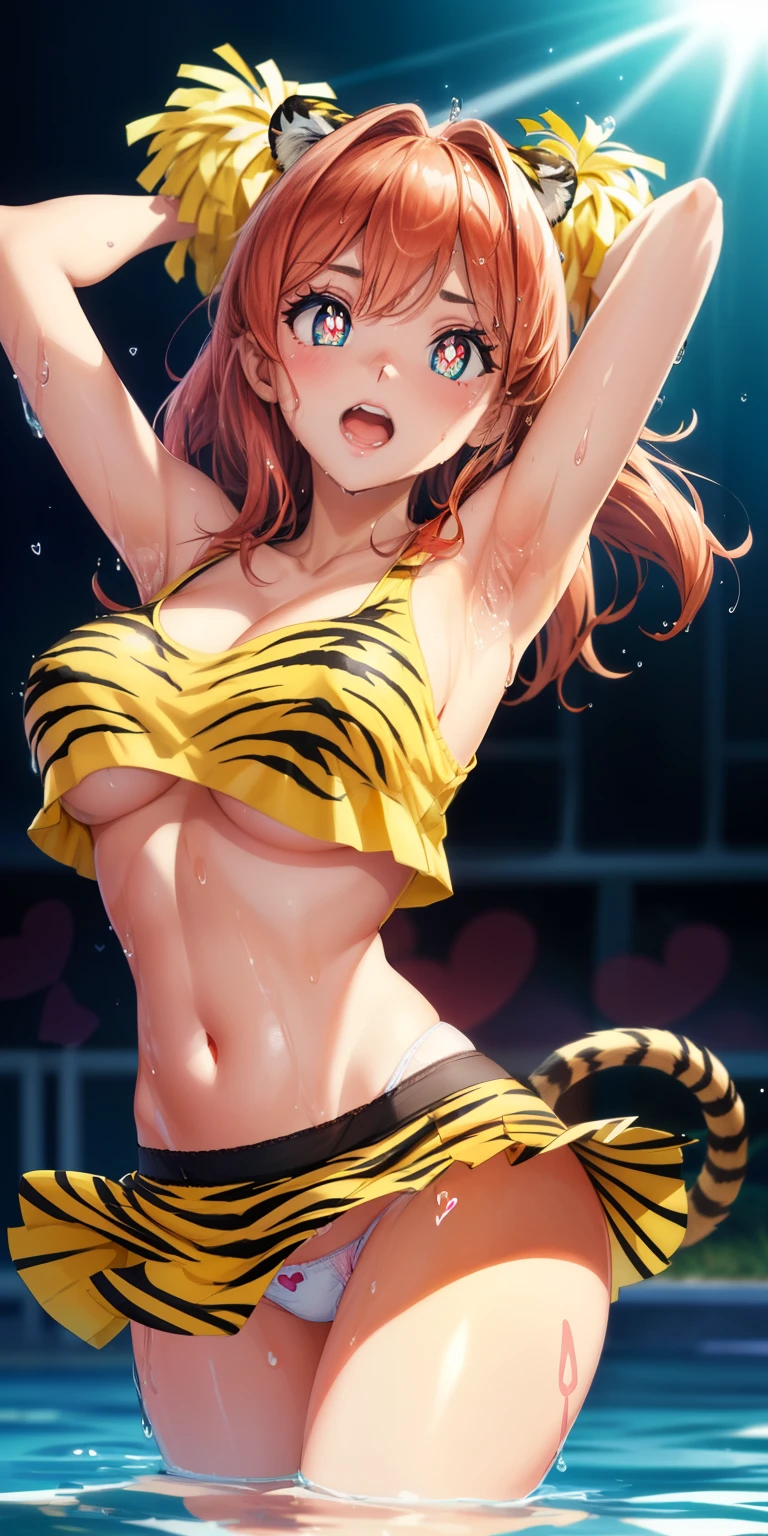 ram invader, white panties、detailed breasts, anime dick, (Tiger print miniskirt cheerleader: 1.2), (脚上げでwhite panties見えてる:1.4),muste piece, white panties、best quality, open mouth, tooth, ultra-detailed breasts, Yellow eyes,White shorts、 cute eyes, detailed face, a cute girl, big chest, red face, (wet with water: 1.2), Generally poor breasts, areola slip, (Position where panties are visible:1.5), (beautiful breasts: 1.2), (with a bright light source: 1.2), (heart shaped pupils opening their clothes: 1.5)