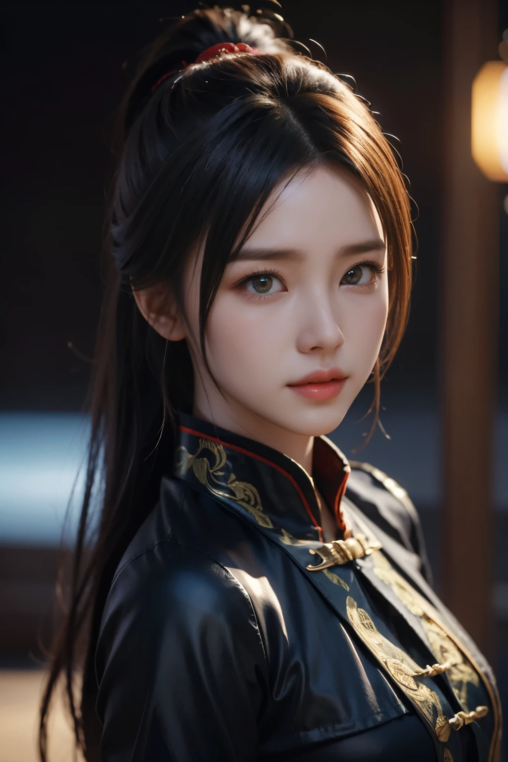 Masterpiece，The best qualities，Very high resolution，8K，((Portrait))，((Head close-up))，Original photo，real photo，数码摄影， (Female assassins in ancient China)，(Girl in tights)，15岁少女，(Facial features rich in detail)，Beautiful pupils，(Long black hair)，优雅高贵，(Calm)，勇敢的，(Silk tights in perspective，Silk fabriclack)，Female assassins，Killer，中国古代人物，奇幻风格， 拍照姿势，夜晚的城市背景，Movie lights，Ray tracing，Game CG，((3D Unreal Engine))，oc渲染反射纹理