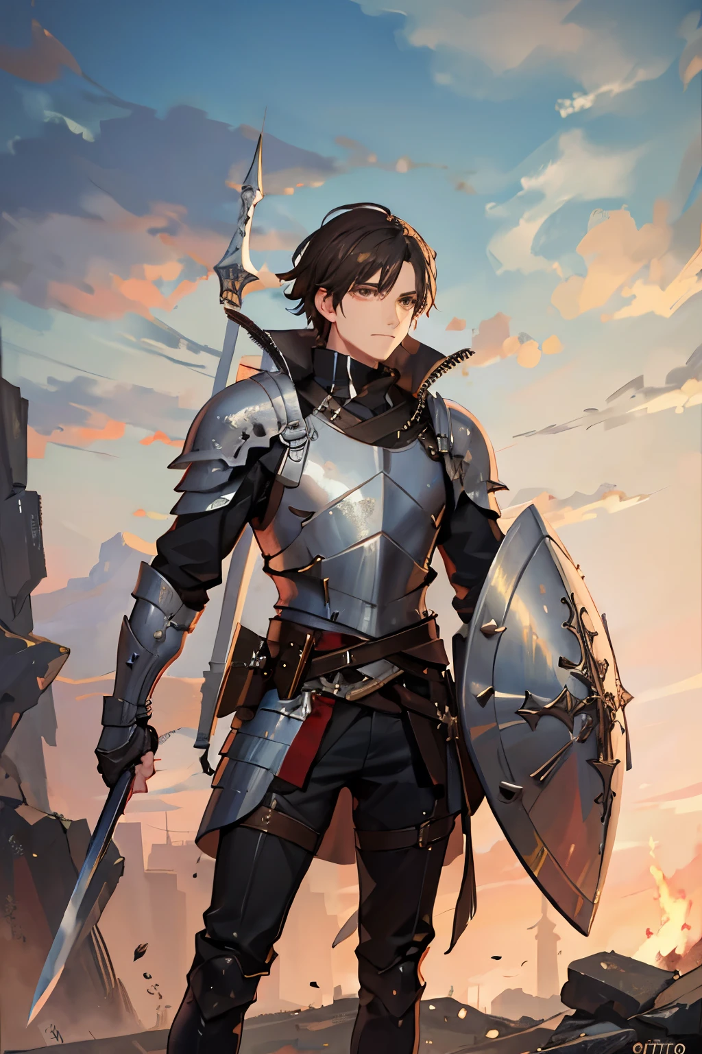 A young man, black short hair, clean-shaven, brown eyes, athletic build, plate armor, a shield in one hand, a sword in the other, a fortress in the background