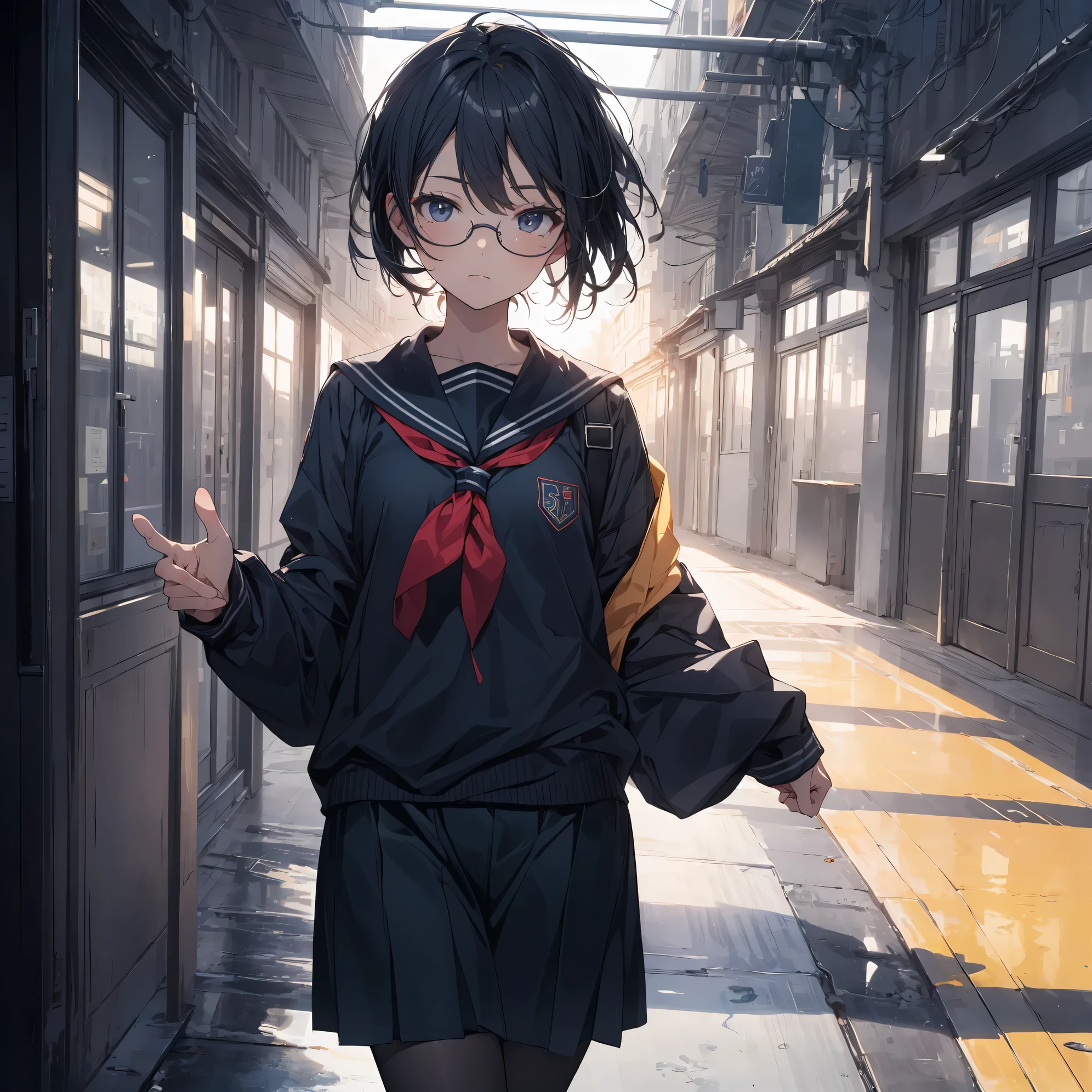 Super high quality by the art god, super detailed, High resolution, gwai's style, anime moe art style, best anime 8k konachan wallpaper, pixiv contest winner, perfect anatomy, break,(校舎をalone歩いている女の子の絵を描いてください.),break, surreal high school girl, (alone,change,:1.3),complete limbs, full finger,high school student, ((wearing glasses,very short hair)), ponytail, flat and soft chest, Because I'm slender, small ass, between legs, small eyes,Detailed and beautiful black eyes, Well-proportioned iris and pupils, High resolutionの詳細な髪, ((sailor uniform)),Inside the school,break,super dense skin,Best lighting by famous artists, 8K,illustration.