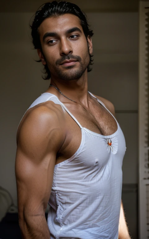 (homme métisse indien musclé, habillé, Tenue, chemise, contraste élevé, Contre-Jour, fleurir, Lueurs lumineuses, aberration chromatique, mise au point nette, photo couleur RAW
