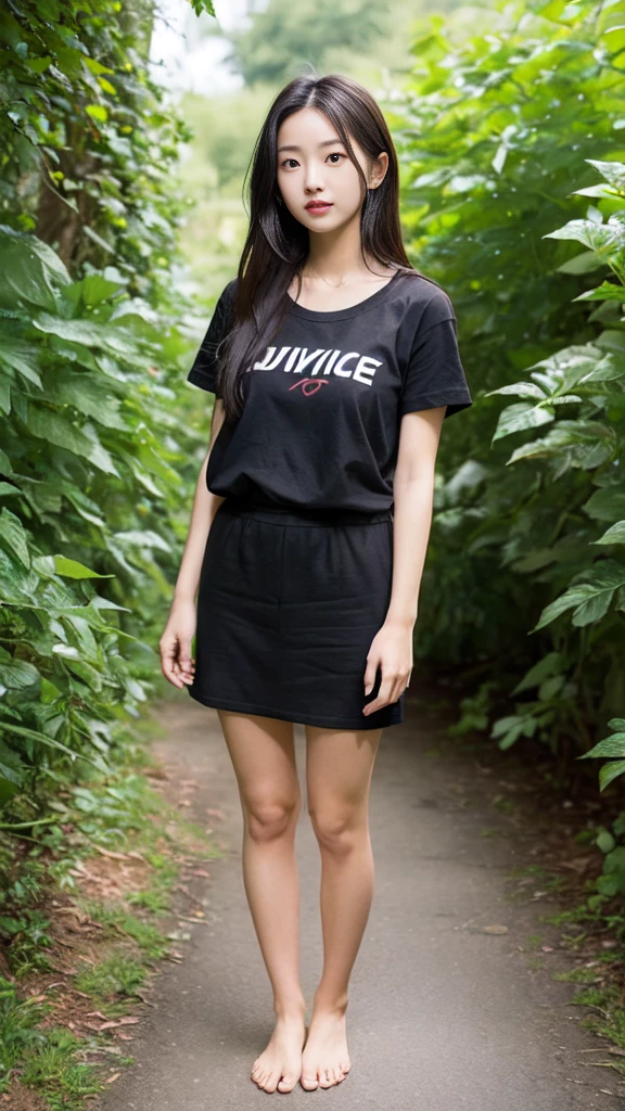 Woman in a t-shirt and short skirt,ส่วนhigh 1.8 meters,high,I'm split on the sides.,Barefoot,Eye makeup,perfect body,miraculous