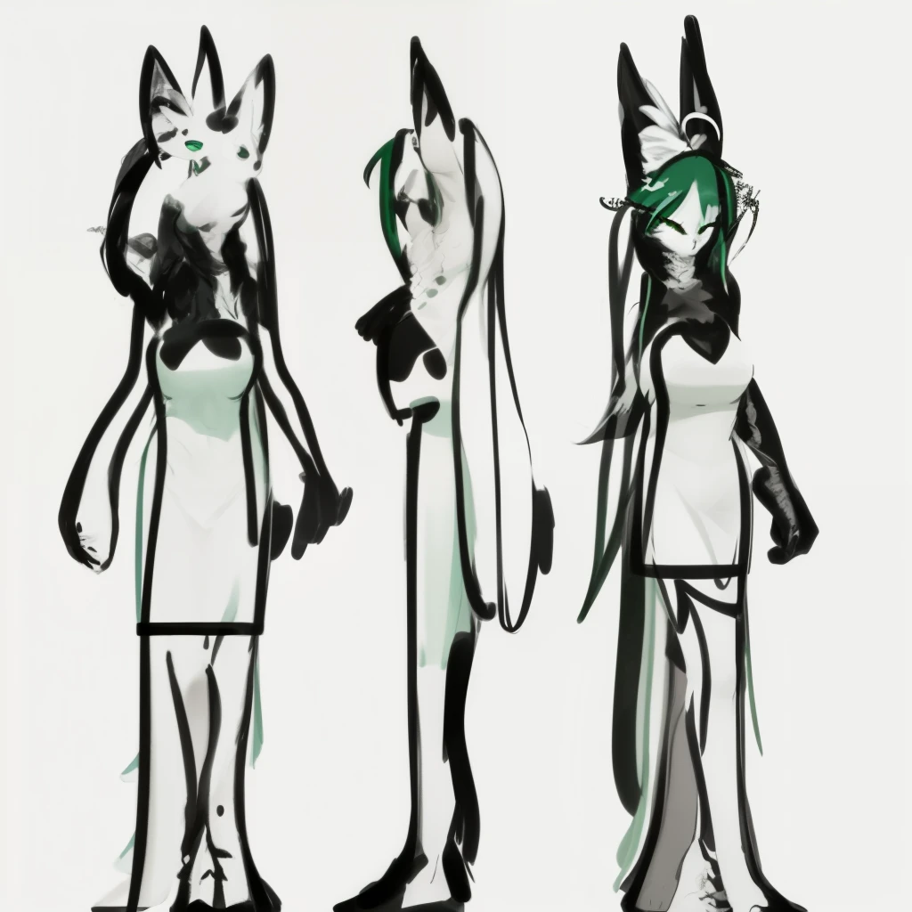 person with green eyes々three black and white paintings depicting, female Farson, professional hairy painting, character's whole body, full body character drawing, Farson art, various posess, Reference model sheet, Full body shot turnaround, various poses, multiple poses, Farson!!!!, furry Farson, Character introduction, various poses, unrealistic character concept