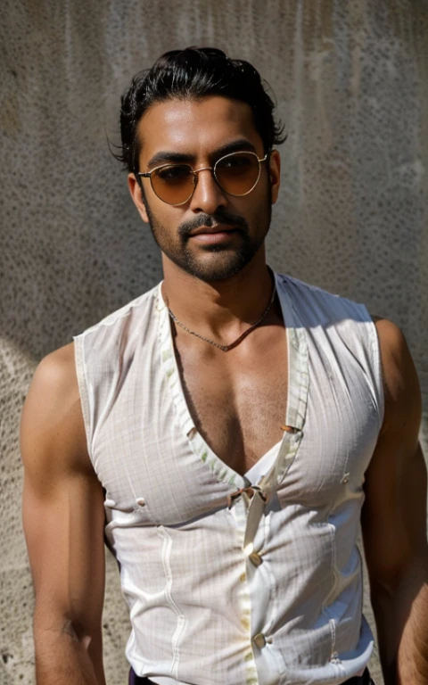 (homme métisse indien musclé, habillé, Tenue, chemise, costumes, cravate, lunettes de soleil, contraste élevé, Contre-Jour, fleurir, Lueurs lumineuses, aberration chromatique, mise au point nette, photo couleur RAW