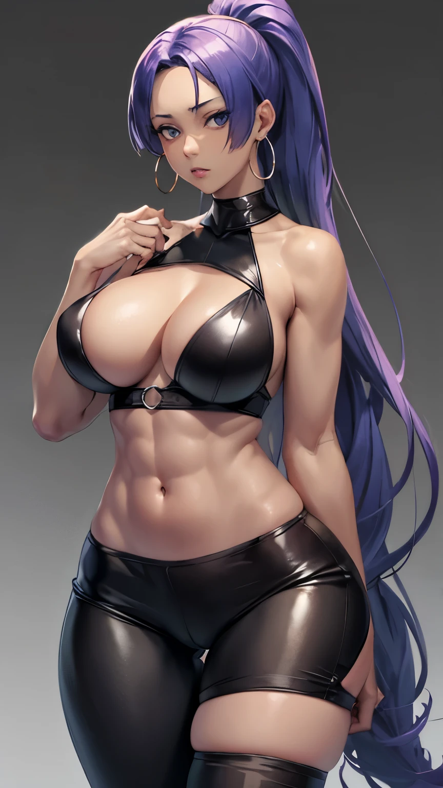 (masutepiece, Best Quality:1.2), 1girl in, Solo,( Dynamic Angle,:1.1) Mature, 100facehassan, Fate, (dark grey skin:1.2), Blue eyes, Long hair, Purple hair, Ponytail, large lips, blank expression, Gold Jewelry, ?????????????, Pants, Toned, Navel, Abs, hoop earrings, halterneck, Dark background,  background、Realistic, Plump ????????, Slender body, Narrow waist, from low behind 5meters, lingerie sweat