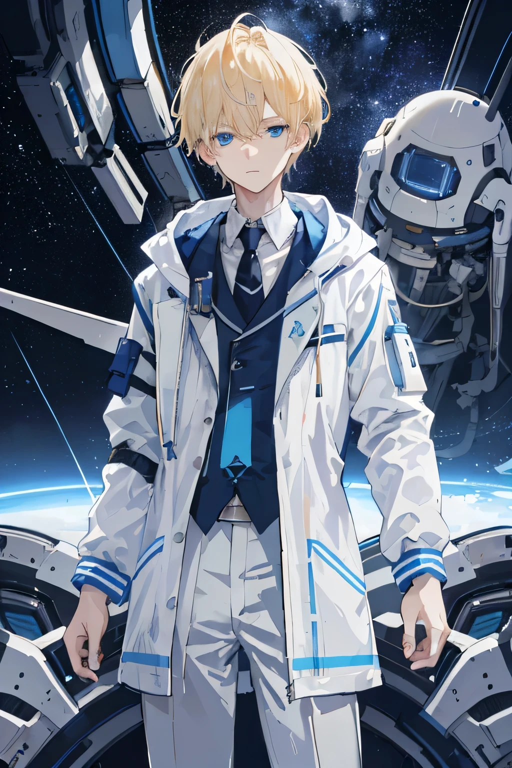 male,Future science fiction interstellar,alone,A delicate and handsome two-dimensional boy invents chips in the laboratory,Beautiful blue and white loose windbreaker,blue tie,hoodie,blonde hair blue eyes,long eyes,red phoenix eye,Calm and confident,serious,The most exquisite eyes,short hair,standinessy hair,hair between eyes,slightly curly hair,Exquisite painting style,Super detailed,best quality,ultra high definition,perfect face,Perfect proportions of facial features,The background is Interstellar Laboratory