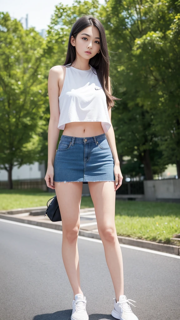 Young woman, beautiful, My hair is very long., Huge breasts, Huge chest, small waist, สะโพกbeautiful, flat stomach, Long, slender legs, small thighs, stand, Field in front of building, The background is blurred., Staring at the viewer, tight short jeans skirt, loose t-shirt, Nike sneakers