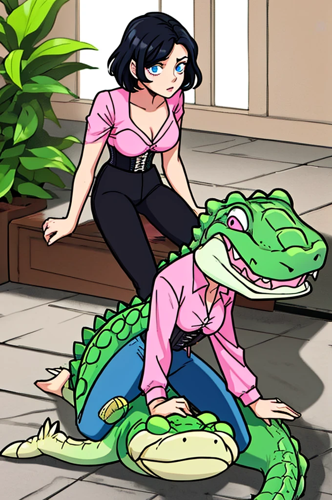 woman, short pixie black hair, blue ringed eyes, pink shirt, black corset, black pants, 1girl, 1man, Crocodile