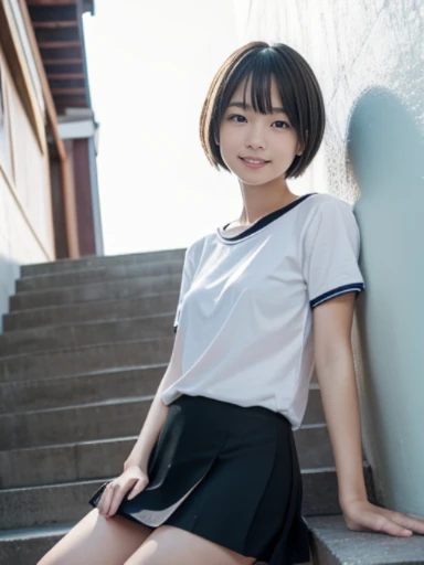 muste piece, Top quality, 8K, , japanese girl, slender, Raw photo, absurd, award-winning portraits, (detailed face, shy smile), solo, Transparent white T-shirt made of very thin material、 sailor uniform, short sleeve, idol face, super mini skirt, Black Knee High Socks, slim legs, shoes, whole body shot from the bottom of the stairs, whole body shot from a Low - Angle, detailed face), refreshing shy smile, slender girl, Golden short-cut hair, dark eyes, whole body, digital single lens reflex, look at the viewer, Frank, sophisticated, like々New, perfect whole body balance, (Low - Angle), professional lighting, (Eye and face details: 1.0), (It's blurry: 1.1)