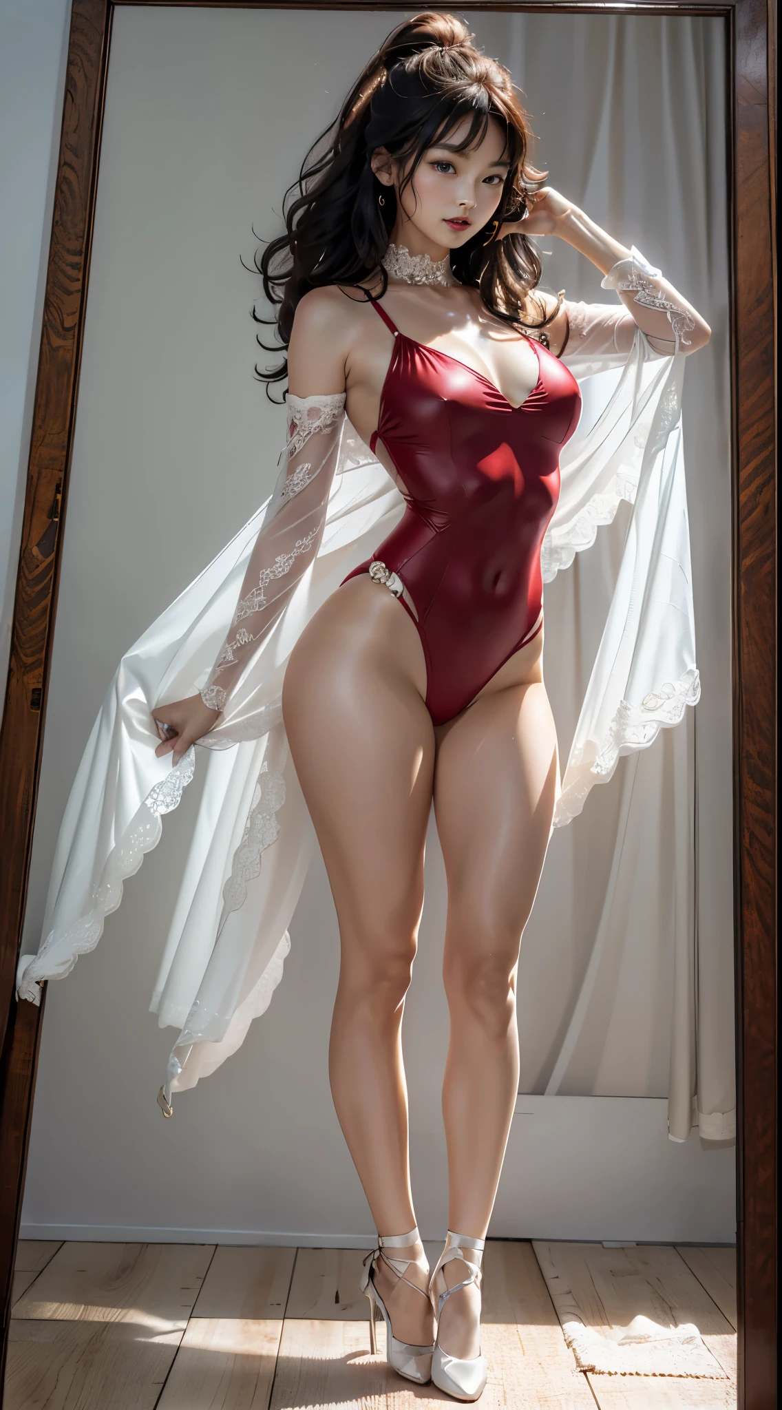 (highest quality,In 4K,8K,High resolution,debris flies),Super detailed,(reality,photoreality,photo-reality:1.37)、(((1 female)))、28 years old、Soft light inole under left eye、Full body Esbian、Wearing a shiny red leotard,delicate face、beautiful and big eyes、green eyeshadow、pink lipstick、 young graceful, Stand and pose elegantly, attractive pose, model standing pose, elegant standing pose, full body photo, 24-years-old、female model, ballet style pose、look at the audience、Accurate depiction of anatomical structures,