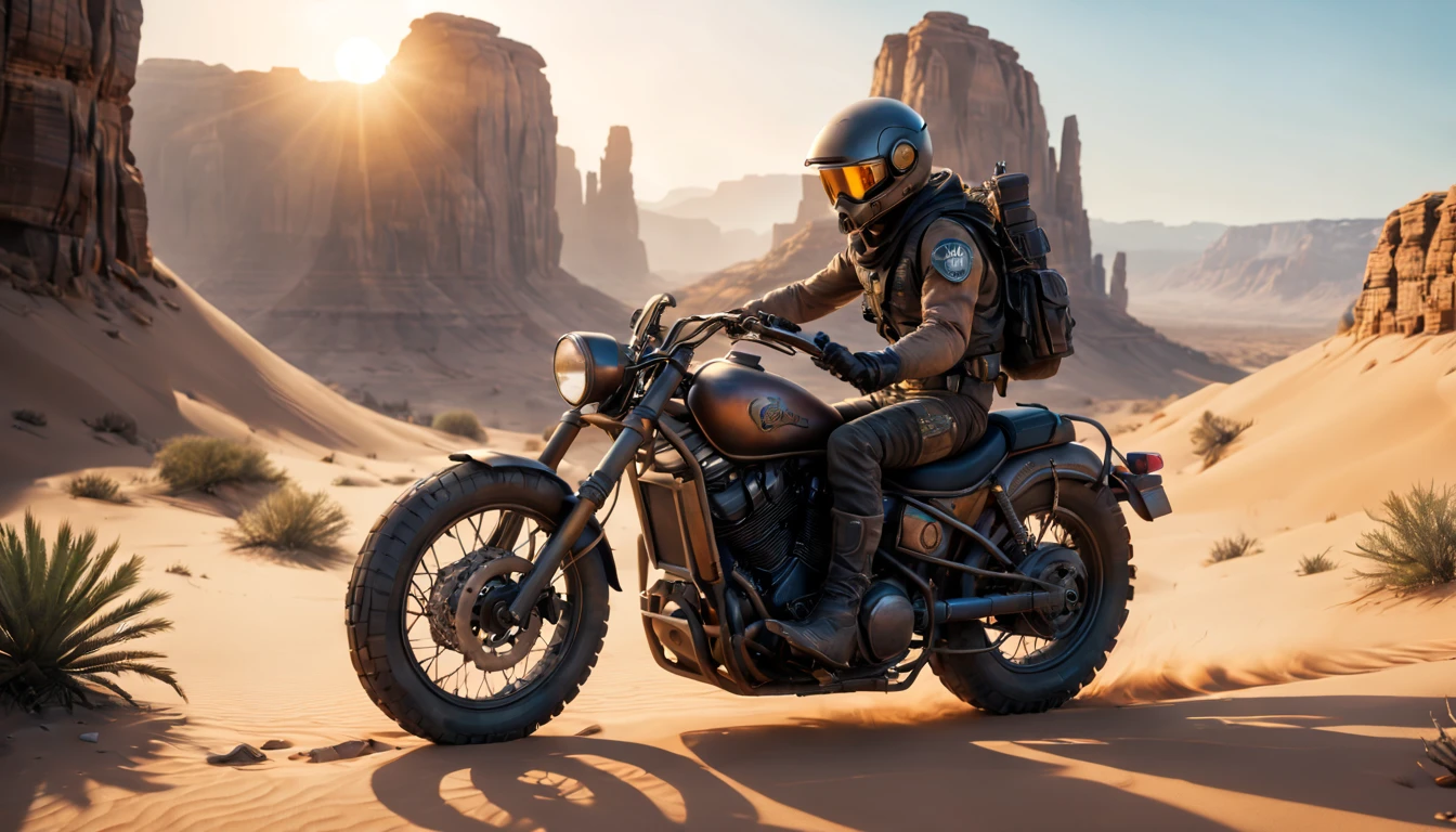 (best quality,4k,8k,highres,masterpiece:1.2),ultra-detailed,(realistic,photorealistic,photo-realistic:1.37),desert canyon,crazy Max riding,a post-apocalyptic punk-style motorcycle,gritty,scorching hot weather,dusty winds,sand dunes,rock formations,harsh terrain,desolate landscape,vibrant sunset colors,harsh sunlight,desert flora and fauna,subtle lens flares,contrasting shadows,high contrast,gritty textures,dramatic lighting,moody atmosphere,alien-like rock formations