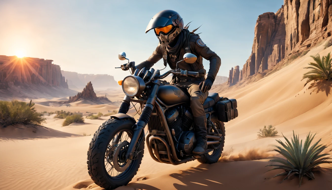 (best quality,4k,8k,highres,masterpiece:1.2),ultra-detailed,(realistic,photorealistic,photo-realistic:1.37),desert canyon,crazy Max riding,a post-apocalyptic punk-style motorcycle,gritty,scorching hot weather,dusty winds,sand dunes,rock formations,harsh terrain,desolate landscape,vibrant sunset colors,harsh sunlight,desert flora and fauna,subtle lens flares,contrasting shadows,high contrast,gritty textures,dramatic lighting,moody atmosphere,alien-like rock formations