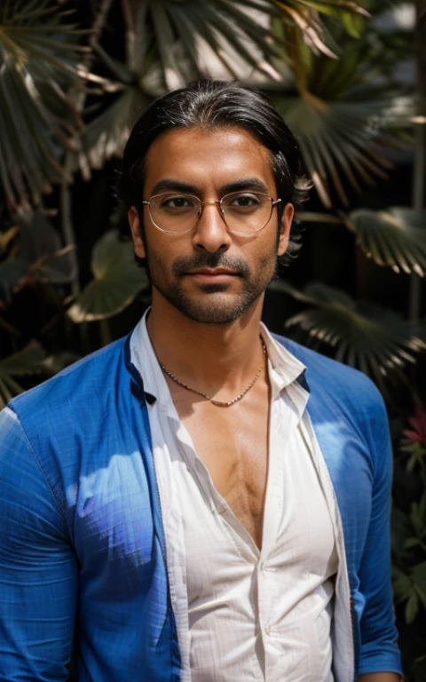 (homme métisse indien musclé, habillé, Tenue, chemise, Costumes, cravate, lunettes de soleil, Contraste élevé, Contre-Jour, fleurir, Lueurs lumineuses, aberration chromatique, mise au point nette, photo couleur RAW