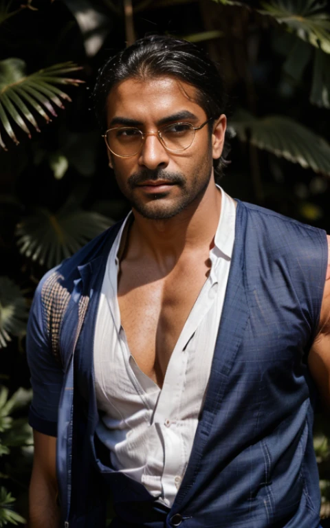 (homme métisse indien musclé, habillé, Tenue, chemise, Costumes, cravate, lunettes de soleil, Contraste élevé, Contre-Jour, fleurir, Lueurs lumineuses, aberration chromatique, mise au point nette, photo couleur RAW