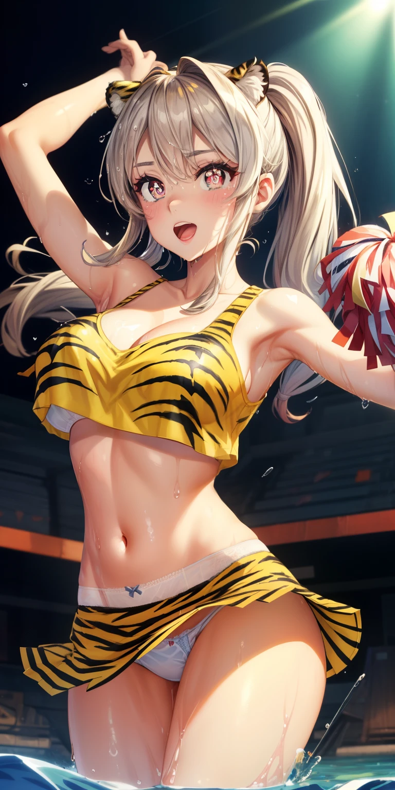 ram invader, white panties、detailed breasts, anime dick, (Tiger print miniskirt cheerleader: 1.2), （脚上げでwhite panties見えてる:1.4）,muste piece, white panties、best quality, open mouth, tooth, ultra-detailed breasts, Yellow eyes,White shorts、 cute eyes, detailed face, a cute girl, big chest, red face, (wet with water: 1.2), Generally poor breasts, areola slip, (Position where panties are visible:1.5), (beautiful breasts: 1.2), (with a bright light source: 1.2), (heart shaped pupils opening their clothes: 1.5)