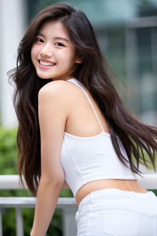 18-year-old、Front view、long hair、big bust、white pants、whole body、With a smile、look directly at the camera、