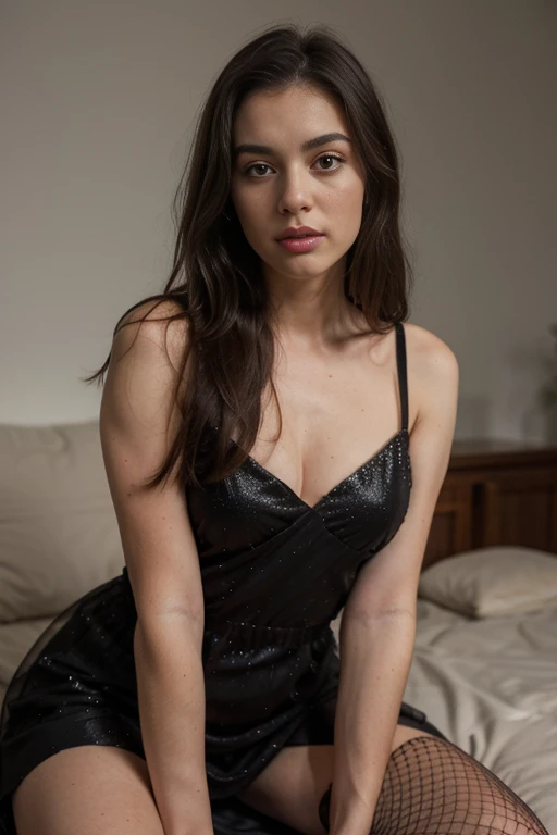 ((best quality)), ((masterpiece)), (detailed), perfect face realistic photo of beautiful woman with long dark brown hair, Russian, influencer, light freckles, dark brown eyes, big lips, no makeup, instagram, wearing a black dress, tumblr, renaissance, fishnet clothes, glitter dress, close up front view, revealing stylish dress, h 768, silk dress, light half opened dress, gif, shimmer detailed, mesh, morning detail, bottom - view, black outfit