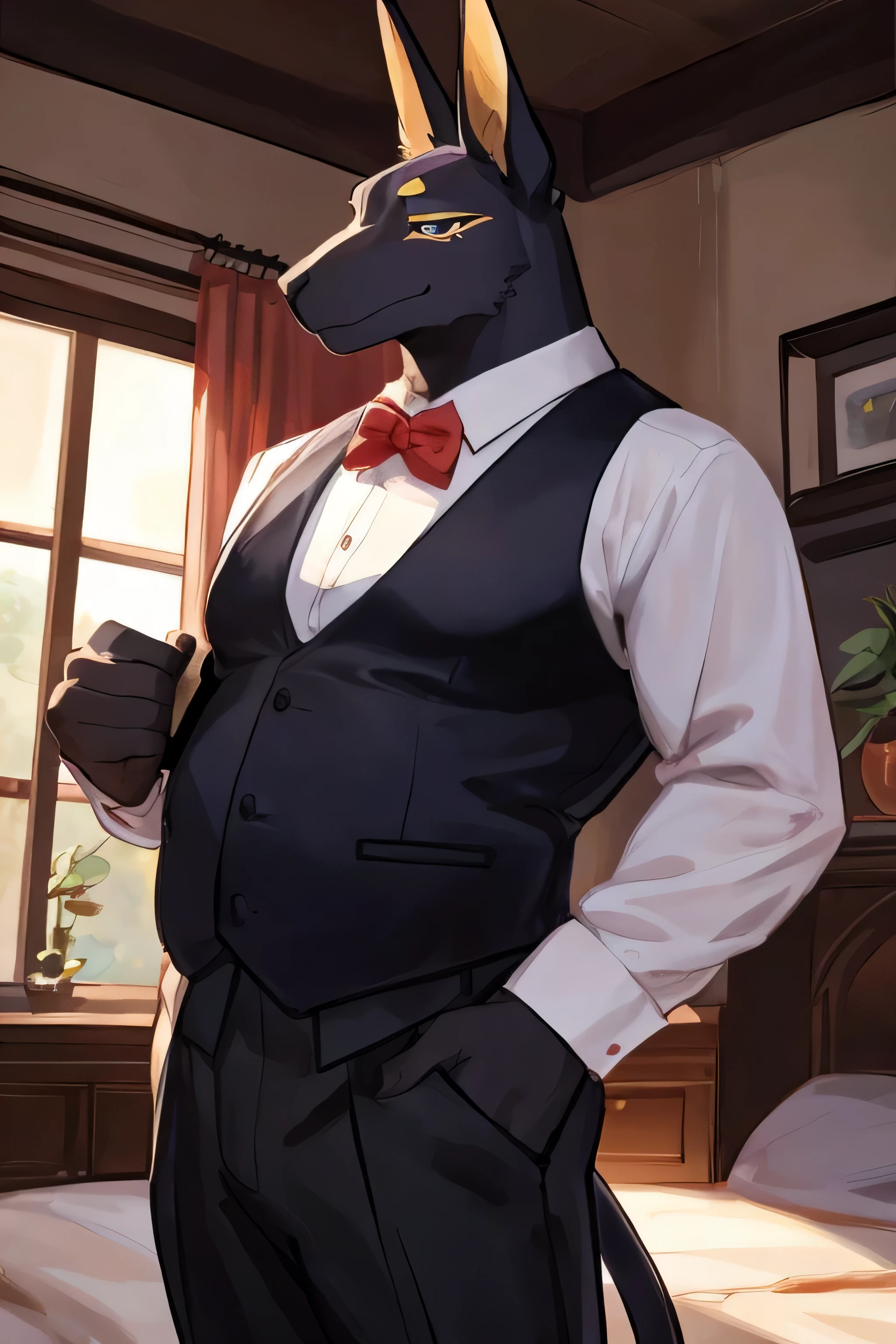 (Best quality: 1.0), (Super High Resolution: 1.0), (masterpiece, best quality:1.2), man, male anthro, solo, anubis, dilf anubis, grandpa anubis, old man, old, grandpa, really old man, (about 70 years old), huge, tall, daddy, legs, tail, looking pleasured, sexually, sexy pose, SFW, (black body:1.1), skinny, huge pecs, look at view, detail hands, butler, butler outfit, shirt, pants, vest, very detail, look at view, first person view, by bebebebebe, side view, lying on bed