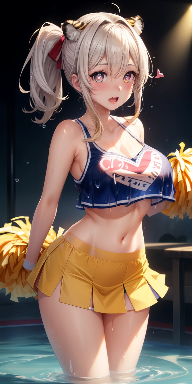 ram invader, white panties、detailed breasts, anime ????, (Tiger print miniskirt cheerleader: 1.2), (脚上げでwhite panties見えてる:1.4),muste piece, white panties、best quality, open mouth, tooth, ultra-detailed breasts, Yellow eyes,White shorts、 cute eyes, detailed face, a cute girl, big chest, red face, (wet with water: 1.2), Generally poor breasts, ?????? slip, (Position where panties are visible:1.5), (beautiful breasts: 1.2), (with a bright light source: 1.2), (heart shaped pupils opening their clothes: 1.5)