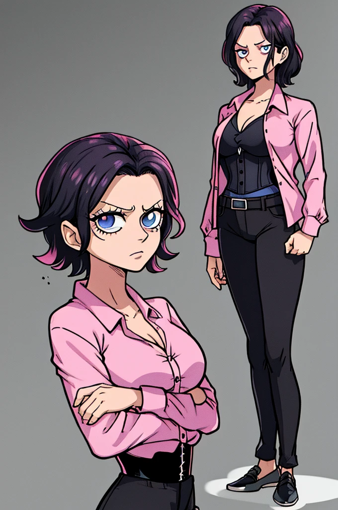 woman, short pixie black hair, blue ringed eyes, pink shirt, black corset, black pants, Doflamingo, Rosinante