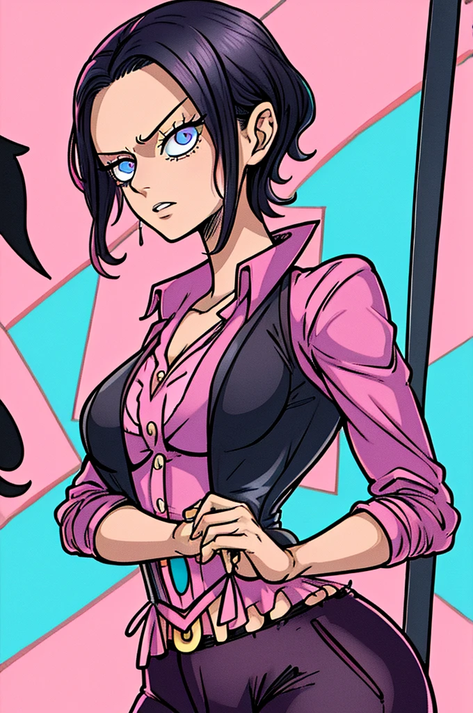 woman, short pixie black hair, blue ringed eyes, pink shirt, black corset, black pants, Doflamingo, Rosinante