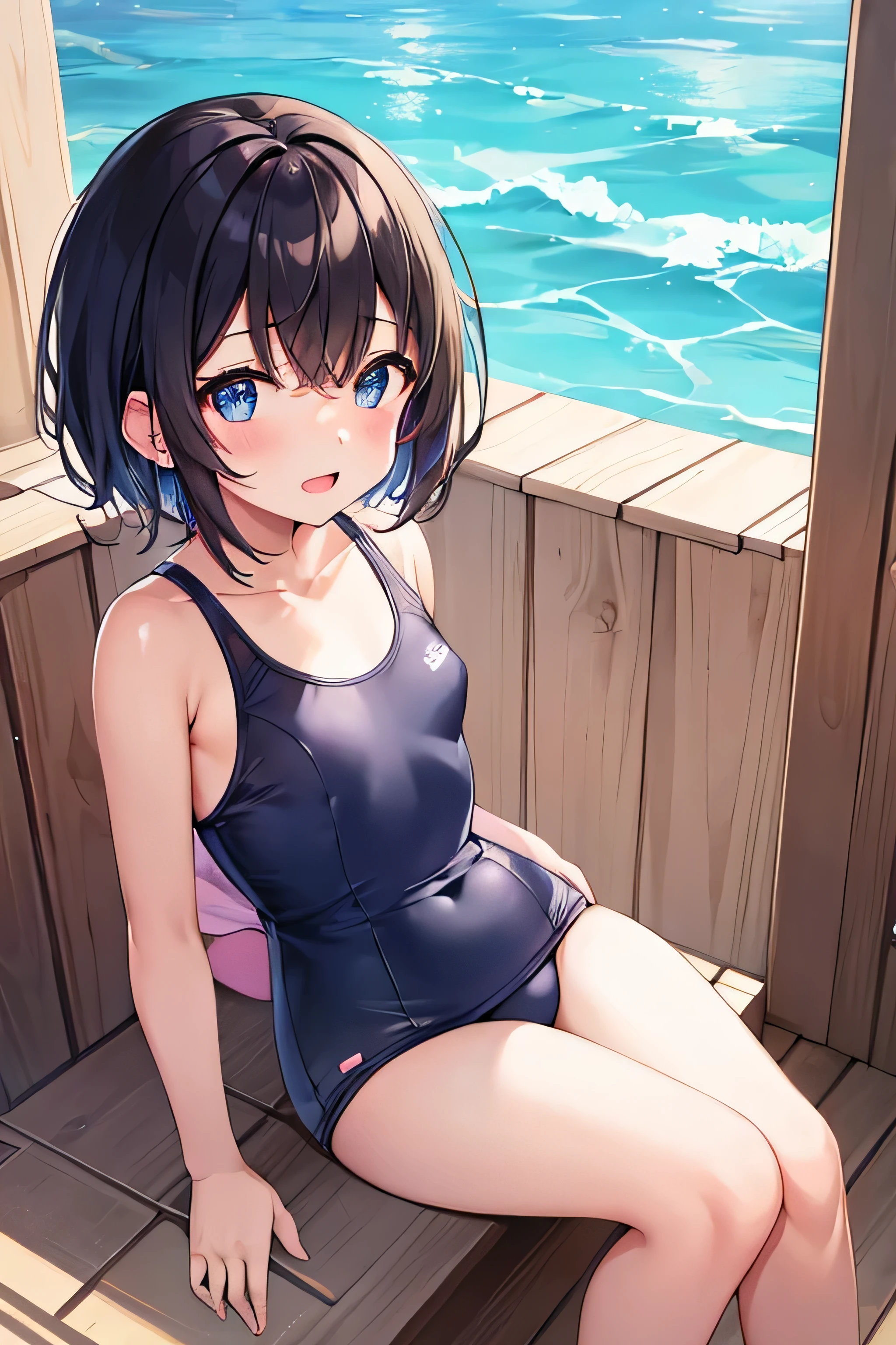 masterpiece、Highest image quality、ultra high resolution、well developed child girl、elementary school girl、short hair、red face、mock、Please open your mouth just a little、School swimsuits for elementary school girl、well-shaped nipples under school swimsuits for elementary school girl、Poolside