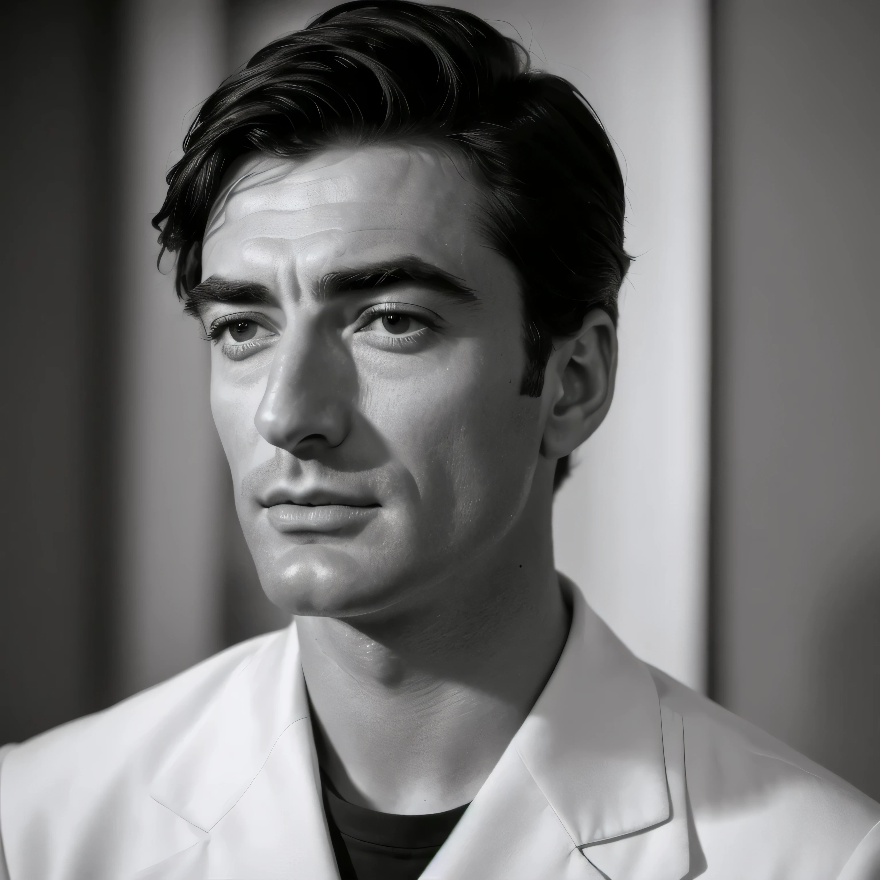 ((black and white filter)), Gregory Peck is a young male 25 years old actor who starred in the Roman Holiday film, short black hair, Gregory Peck portrait photo of a young actor: (Gregory Peck is in the black and white Roman Holiday film), hotel room, Award - winning photograph, Masterpiece, 8k, ultra high res, hyper detailed, perfect flawless face, rule of thirds, Realistic Perfect eyes and pupils, Perfect full lips, Round chin, highly detailed shining hair, ((detailed facial featureinely detailed skin), realistic skin texture, intricate details, photorealism, hyperrealism, ultra realistic, lifelike textures, cinematic lighting, dramatic lighting, backlight on hair, sharp focus, wide angle, film grain, dslr, raw photo,