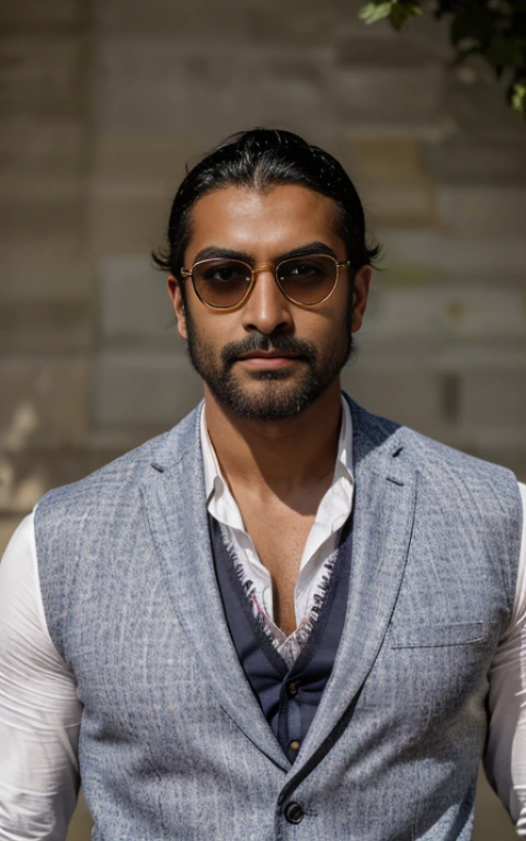 (homme métisse indien musclé, habillé, Costumes, cravate, lunettes de soleil, Contraste élevé, Contre-Jour, fleurir, Lueurs lumineuses, aberration chromatique, mise au point nette, photo couleur RAW
