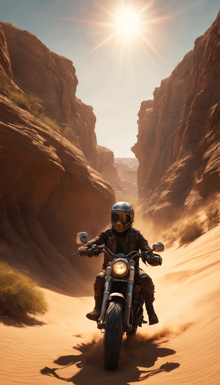 (best quality,4k,8k,highres,masterpiece:1.2),ultra-detailed,(realistic,photorealistic,photo-realistic:1.37),desert canyon,crazy Max riding,a post-apocalyptic punk-style motorcycle,gritty,scorching hot weather,dusty winds,sand dunes,rock formations,harsh terrain,desolate landscape,vibrant sunset colors,harsh sunlight,desert flora and fauna,subtle lens flares,contrasting shadows,high contrast,gritty textures,dramatic lighting,moody atmosphere,alien-like rock formations
