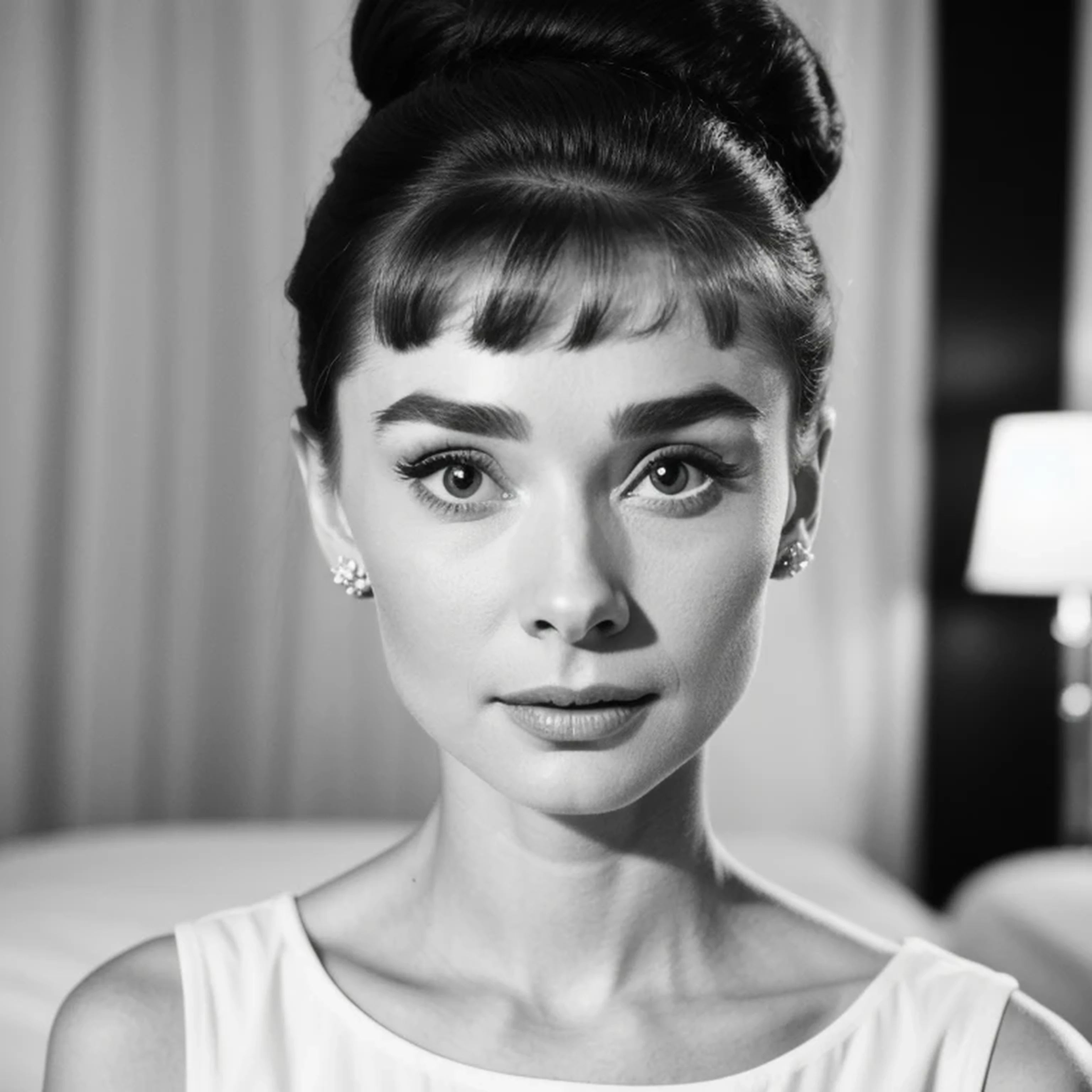 ((black and white filter)), Audrey Hepburn is a beautiful young actress who starred in the Roman Holiday film, focus on eyes, close up on face, short black hair styled cascading curls bun, Audrey Hepburn portrait photo of a beautiful young actress: (Audrey Hepburn is in the black and white Roman Holiday film), hotel room, Award - winning photograph, Masterpiece, 8k, ultra high res, hyper detailed, perfect flawless face, rule of thirds, Realistic Perfect eyes and pupils, Perfect full lips, highly detailed shining hair, ((detailed facial featureinely detailed skin), realistic skin texture, intricate details, photorealism, hyperrealism, ultra realistic, lifelike textures, neutral colors, cinematic lighting, dramatic lighting, backlight on hair, sharp focus, wide angle, film grain, dslr, raw photo,