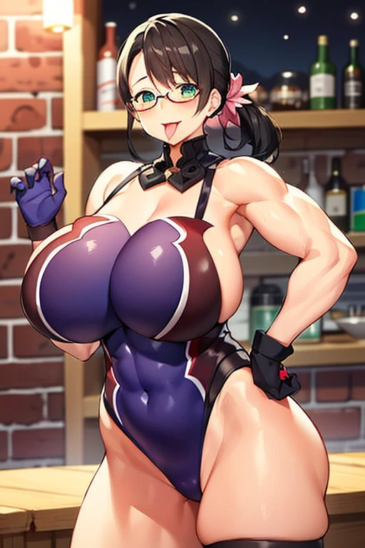 1 girl, masterpiece, best quality, huge, Niu Yafu 2, Smile, Glasses, Inside the blacksmith shop, medieval blacksmith, contour, night, black gloves, Put your hands at your sides, hands on hips, muscular arms, stockings,open mouth, blush, Tongue rest, Sticking out tongue, saliva, Roll your eyes