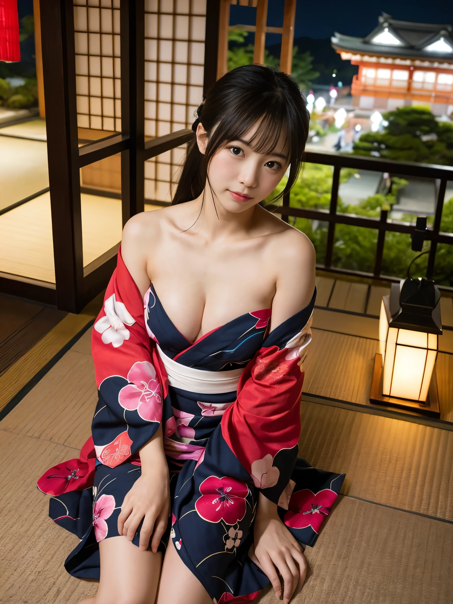 high school girl, Bian, Japan Yukata, Not wearing a bra, , Legs spread wide、traditional Japanese kimono、Furisode、Chest exposed、(Take it off)、a shy look、Chest exposed、clavicle fetish、(((topless)))、take off clothes、Fluttering kimono、drunken look、Japanese sake、夜のshrine、(The background is on the bed at night)、Colored kimono、red kimono、pink kimono、first visit of the year to a shrine、shrine、(night background)、、paper lanterns、Sleeping position、Open leg posture、lie down、Camera angle from above、upward glance