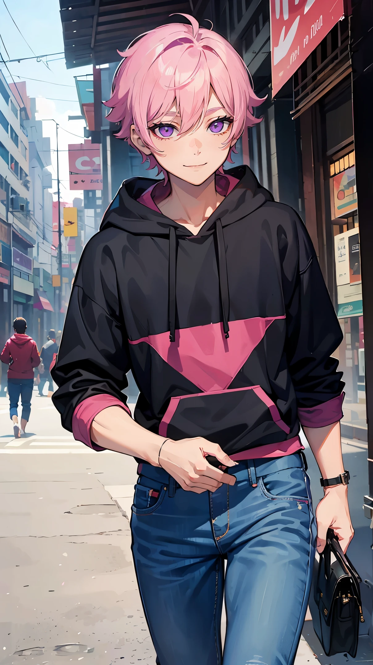 Boy,short hair,pink hair,purple eye,red,handsome,symmetrical eyes,smiling,happy,lambets eye,cold,shaded face,Glance,black hoodie,jeans,walking in Thailand maket