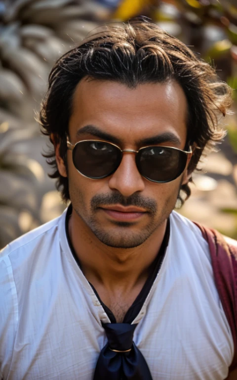 (homme métisse indien musclé, habillé, Costumes, cravate, lunettes de soleil, Contraste élevé, Contre-Jour, fleurir, Lueurs lumineuses, aberration chromatique, mise au point nette, photo couleur RAW