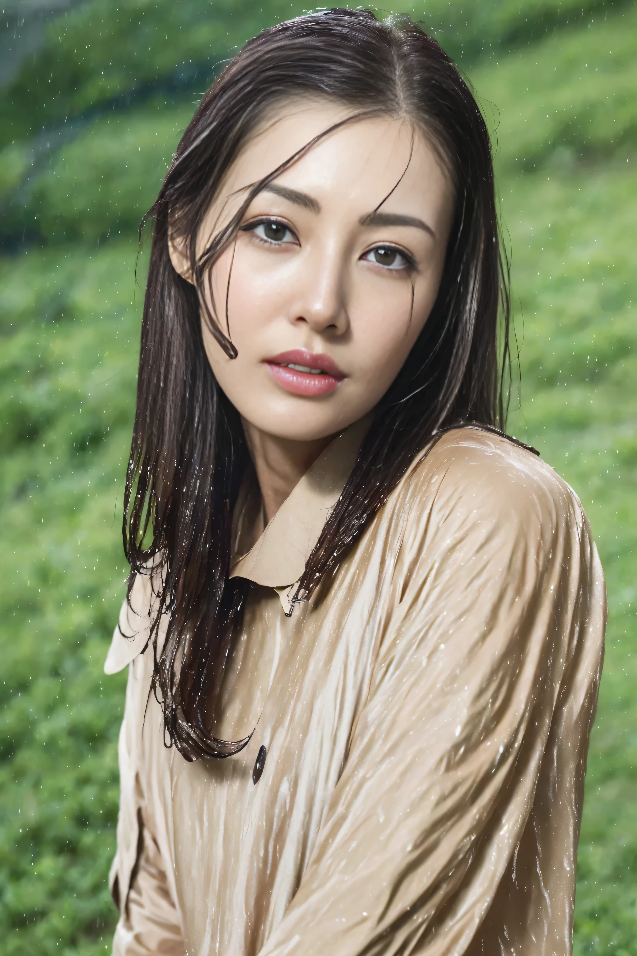 (best quality, 4k, masterpiece :1.pretty Woman, 1 girl, (, attractive body :1.2), abdominal muscles :1.1, dark brown hair: 1.1, (wet from rain, wet by rain, wet :1.2), Very rich facial details, Detailed lips, exquisite eyes, double eyelids, cowboy shooting, Squat down,